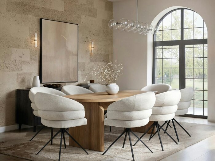 SOLACE+CO Varm Wooden Ribbed Dining Table with 4 Eira Chairs Set - White & Oak - 8