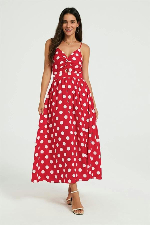FS Collection Dot Print Knot Front Midi Dress In Red