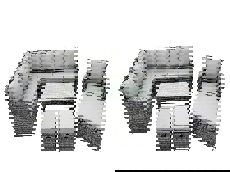 Fimous 10 Seat Poly Rattan Outdoor Patio Oblong Coffee Table Corner Sofa Set with 3 Stool Chair for Garden Backyard Dark Grey Mixed