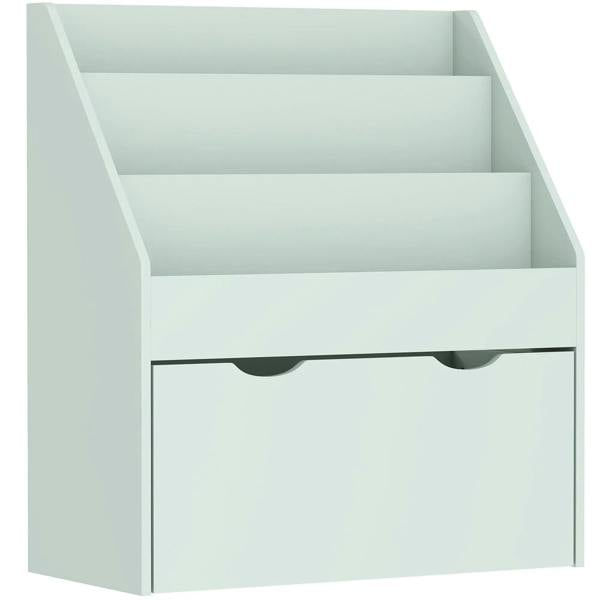 Green kids bookcase with open shelves and front drawer, wide frame