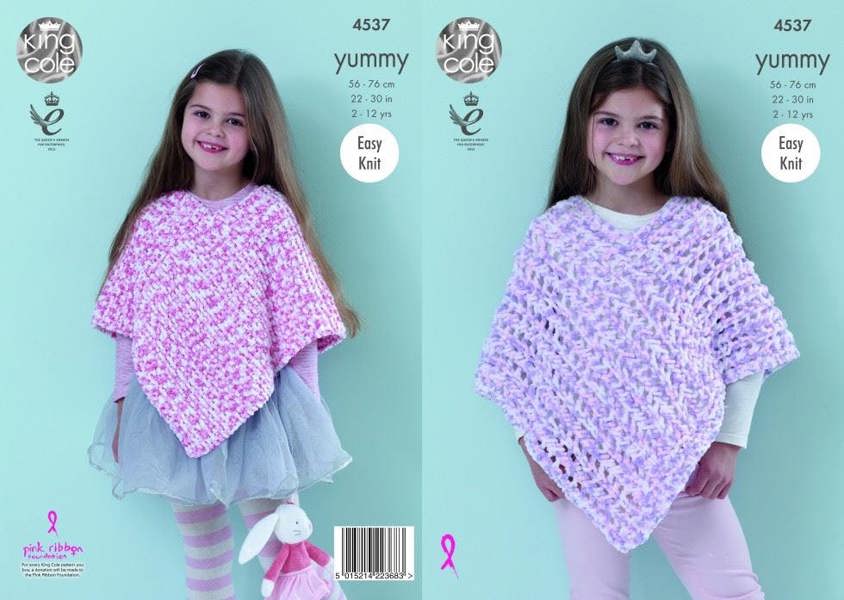 King Cole Yummy Knitting Pattern 4537, Ponchos for Kids, 22 inch - 30 inch - Intermediate