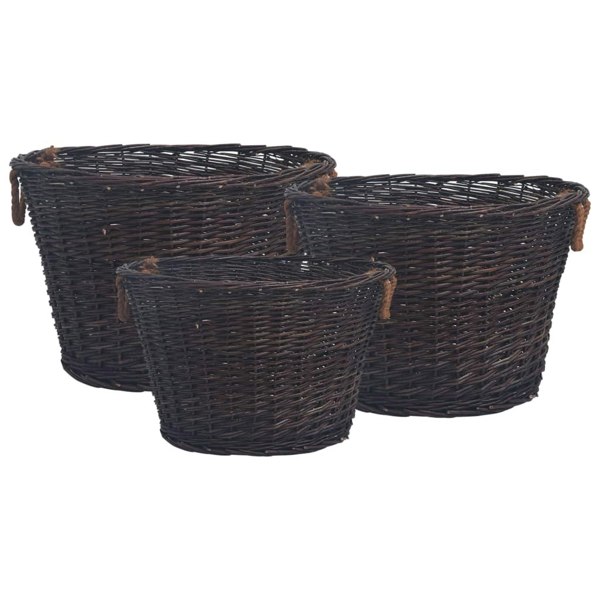 Berkfield 3 Piece Stackable Firewood Basket Set Dark Brown Willow
