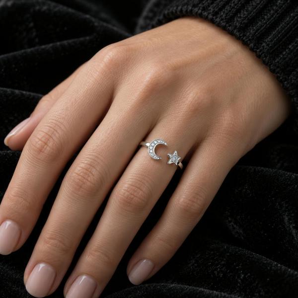Cooksongold Sterling Silver Moon and Star Adjustable Ring, Cubic Zirconia, Witchy Halloween Jewellery