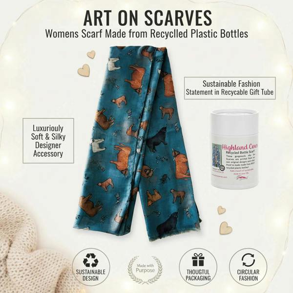 Art on Scarves Recycled Bottle Scarf - Highland Cows