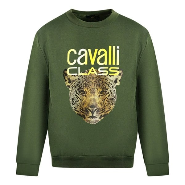 Roberto Cavalli Class Leopard Print Logo Jumper - Olive