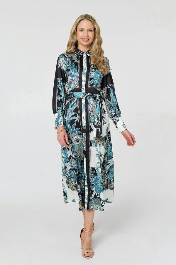 Black | Printed Long Sleeve Tie Shirt Maxi Dress