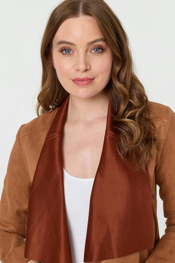 Tan | Waterfall Front Cropped Open Jacket
