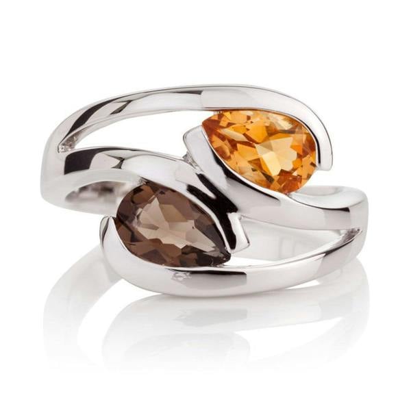 namana 925 Sterling Silver Ring with Pear-Shaped Citrine & Smoky Quartz Gemstones