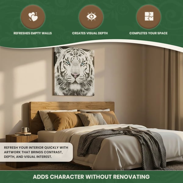 Large Siberian Tiger Canvas Print, Black and White Face Portrait With Coloured Eyes, 60 x 60 cm, Stretched Canvas