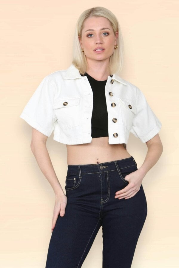 Elaina Fashion Women's White V-Neck Crop Top Big Button Down with Short Sleeves - Ladies Summer Solid Shirt Jacket Blouse for Beach Vacation Party