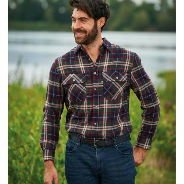 Man wearing Champion Kempton shirt in red and navy check, styled for relaxed country life, farming or casual outdoor use