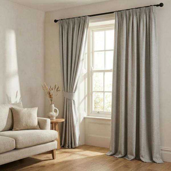 Devonshire made-to-measure curtains in Light Grey, styled in a living room