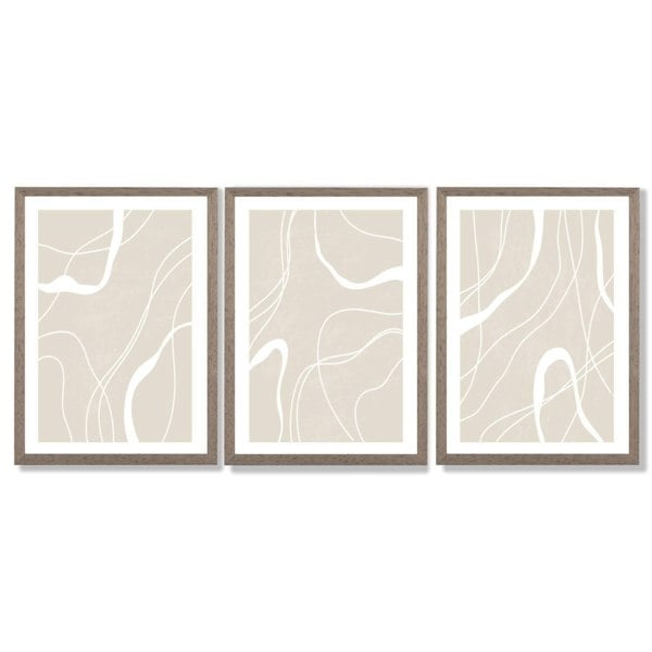 Set of 3 Abstract Neutral Beige Framed Art Prints with Light Walnut Frames