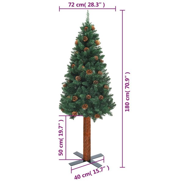 Berkfield Slim Christmas Tree with Real Wood and Cones Green 180 cm PVC