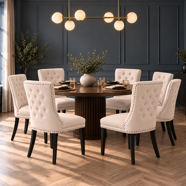 Neo Set Of Six Studded Natural Velvet Dining Chairs with Ring Knocker Detail