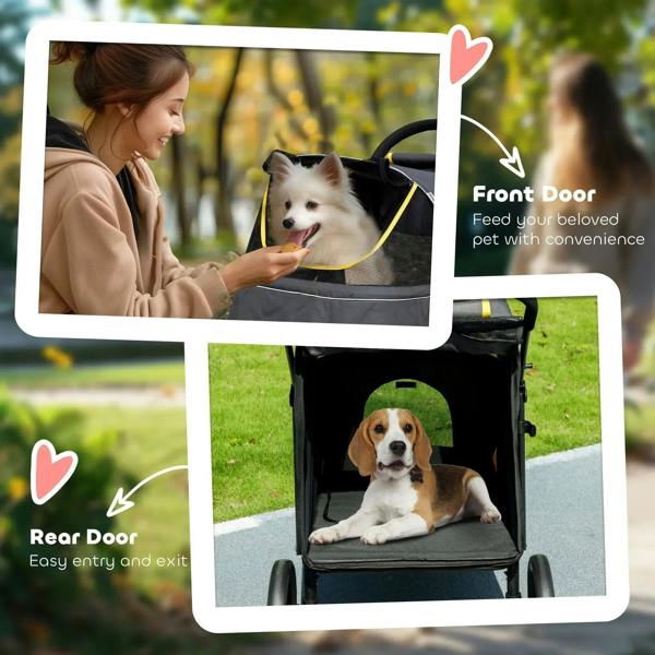 Foldable pet stroller with front and rear doors open, dark grey mesh