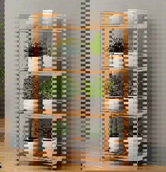 Modcraft 4 Tier Bamboo Plant Stand Ladder with Adjustable Shelves, Corner Storage Shelf, 67x25x99 cm