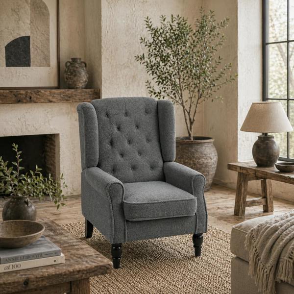 Wyld Haus Nocova Grey Boucle Retro Wingback Accent Armchair Soft Sherpa Fleece Upholstery
