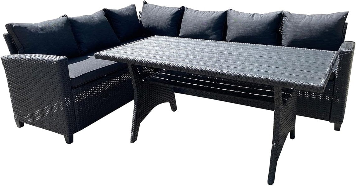 Furniture One Rattan Weatherproof Garden 5 Seater Corner Sofa Lounge Set with Dining Table