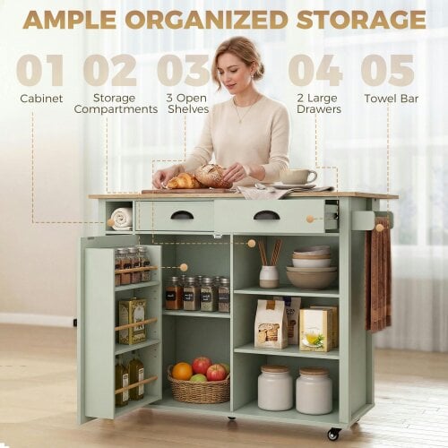 HOMCOM Rolling Kitchen Island on Wheels with Drop Leaf, Light Green