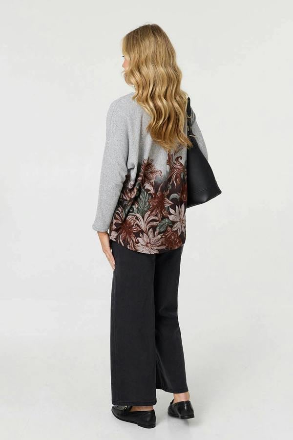 Brown | Floral Relaxed Long Batwing Sleeve Top