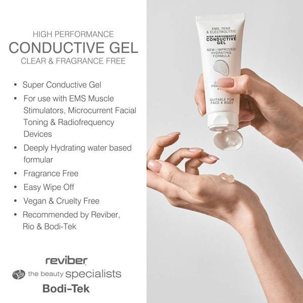 A person dispenses clear conductive gel from a white tube labeled “EMS, TENS, Electrolytic and Micro-Current Toning Conductive Gel - 4 x 85ml Tubes” by Rio onto their hand, ideal for toning devices. The text highlights features with the Rio logo at the bottom.