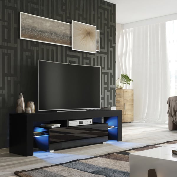 Mex Furniture 160cm TV Unit – Modern TV Stand Cabinet with Black High Gloss and Free LED