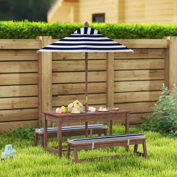 Outdoor Wooden Kids Picnic Table & Bench Set with Cushions and Umbrella, for Patio, Garden, Navy Blue - Blue