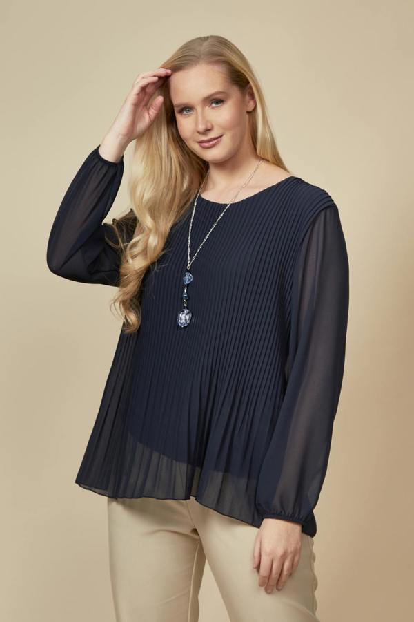 Hoxton Gal Long Sleeves Oversized Pleated Top with Tulle Details in Navy