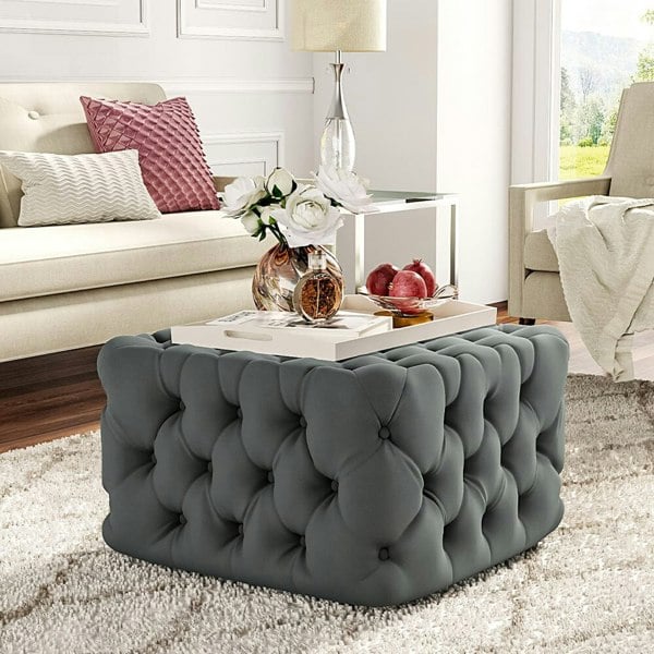 Square Velvet Ottoman Footstool Deep Button Footstools Living and Home Grey 62cm W