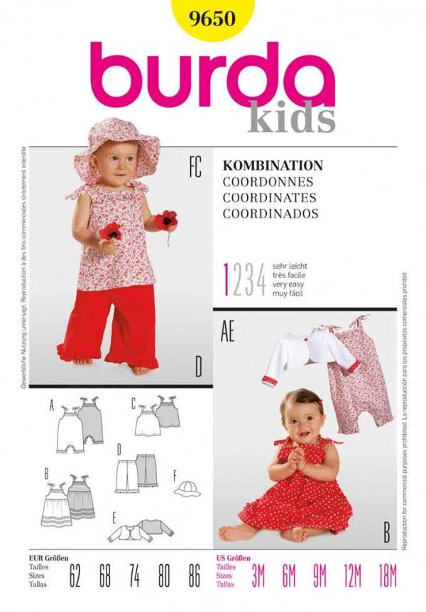 Burda Sewing Pattern 9650 Jackets, Dresses, Dungarees, Headwear, Trousers and Tops For Babies, Ages: 3 Months-18 Months - Easy