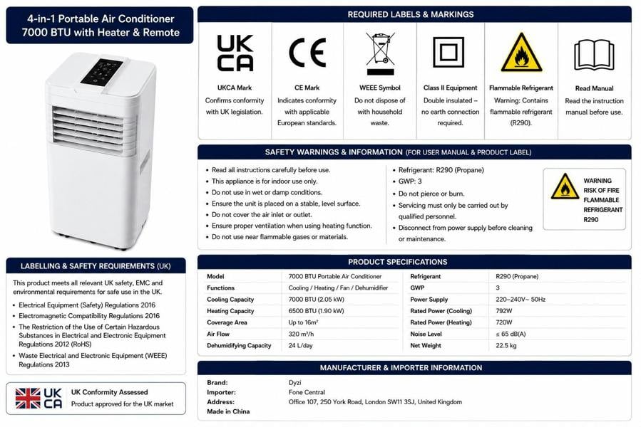 Dyzi 4-in-1 Portable Air Conditioner 7000 BTU with Heater & Remote