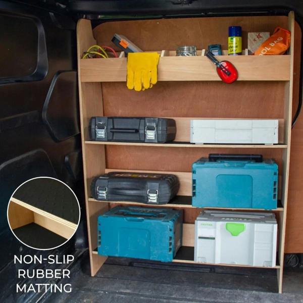 Ford Transit Custom toolbox van racking with wooden shelves, non-slip rubber matting, and various toolboxes organized for easy access