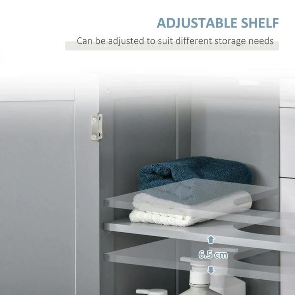 Grey under-sink cabinet showing adjustable shelf with folded towels inside