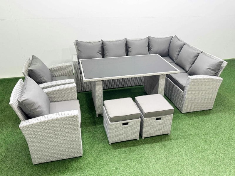 Fimous Outdoor Garden Furniture Sets 10 Seater Wicker Rattan Corner Sofa Sets with Rectangular Dining Table Lounge Sofa 2 Small Footstools Light Grey