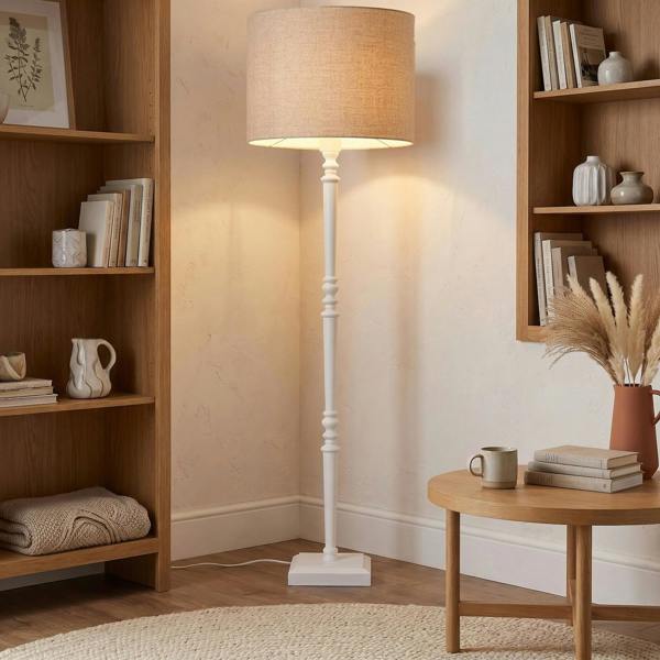 Chic White Wood Standing Floor Lamp with Square Base and Foot Switch Image 6