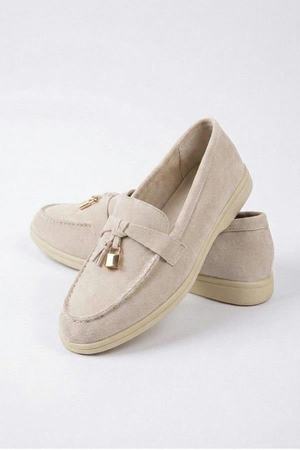 Camille Womens Suede Padlock Charm Loafers - Beige