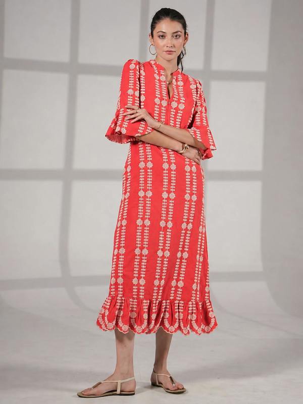 Rose & Nancy Cat Coral Embroidered Midi Dress