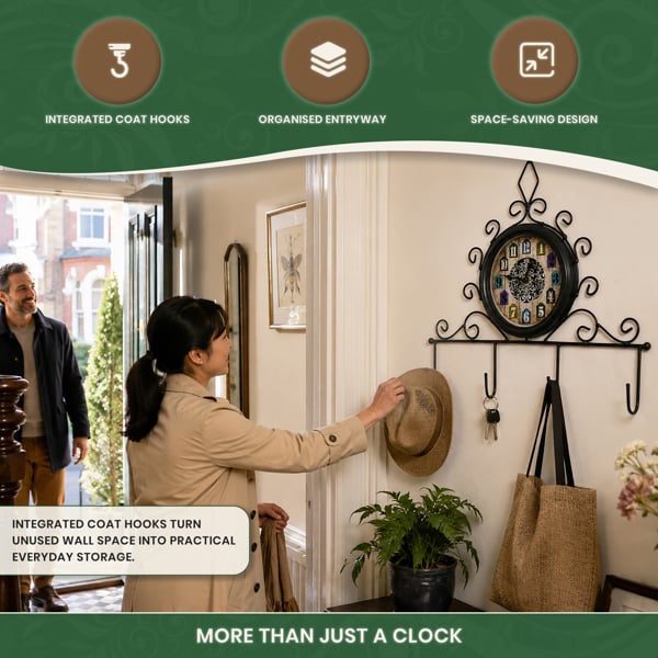 Clock with Coat Hooks, Single-Sided Wall-Mount Design for Indoor or Outdoor Use, Black Metal Finish, 15cm Clock Face