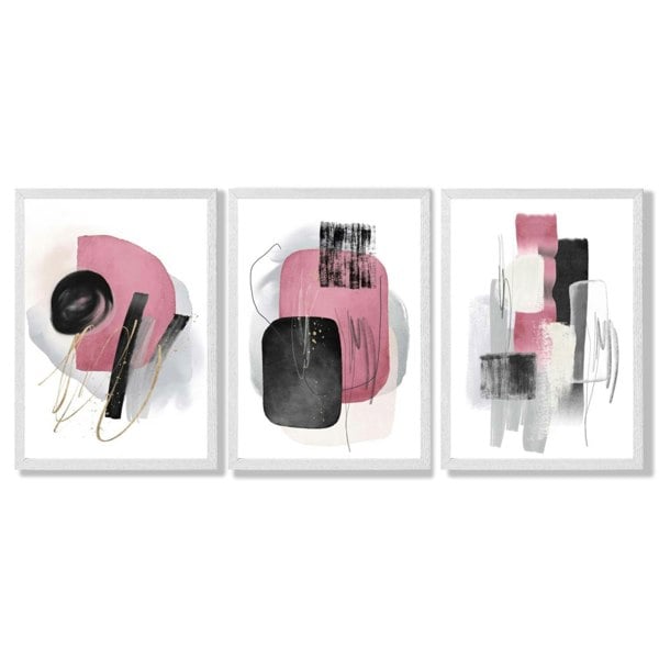 Set of 3 Abstract Black and Pink Watercolour Framed Art Prints with White Wooden Frames