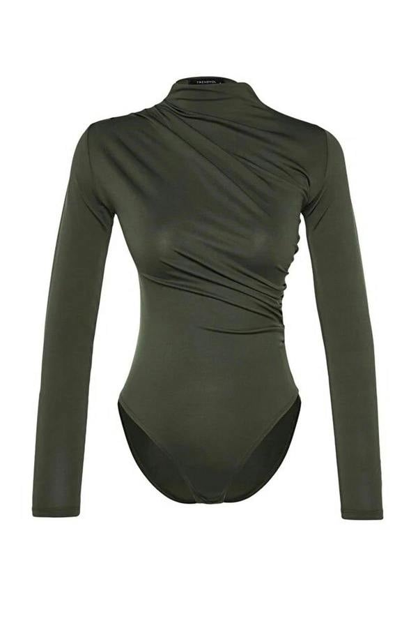WOVCOR Stand Collar Knit Bodysuit with Gathered Detail