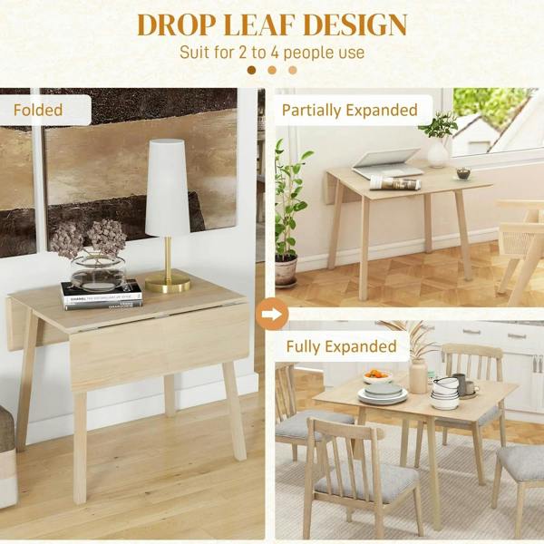 Natural wood drop-leaf dining table with one leaf folded and one leaf expanded