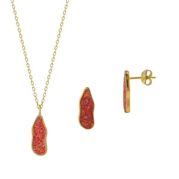 Spero London Molten Coral and Amber Sterling Silver Gold Plated Earring and Necklace Set