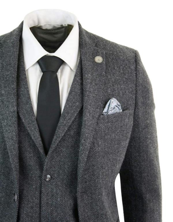 TruClothing Men's 3 Piece Charcoal Grey Herringbone Tweed Suit