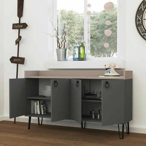 Decortie Dea Sideboard Display Unit with 4 Cabinets Table Anthracite Grey Mocha Grey 140cm