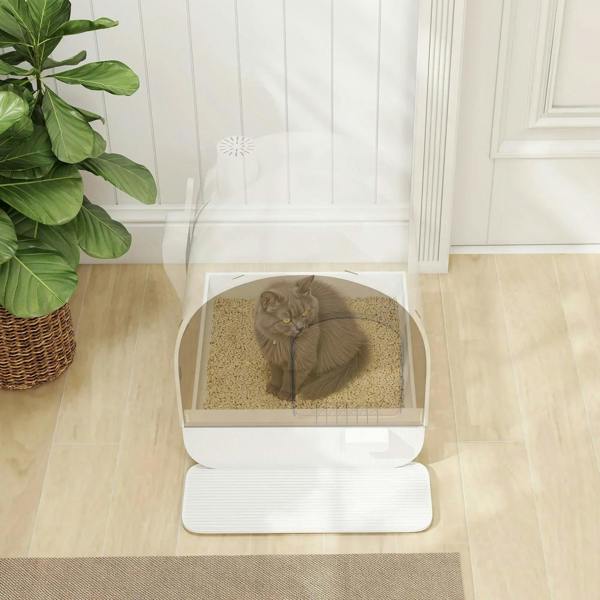 White hooded cat litter box with open tray and gray cat inside