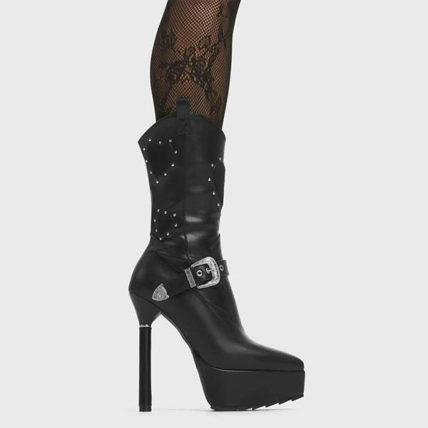 Lamoda Anger Management Black PU Black Heart Platform Calf Boots Size