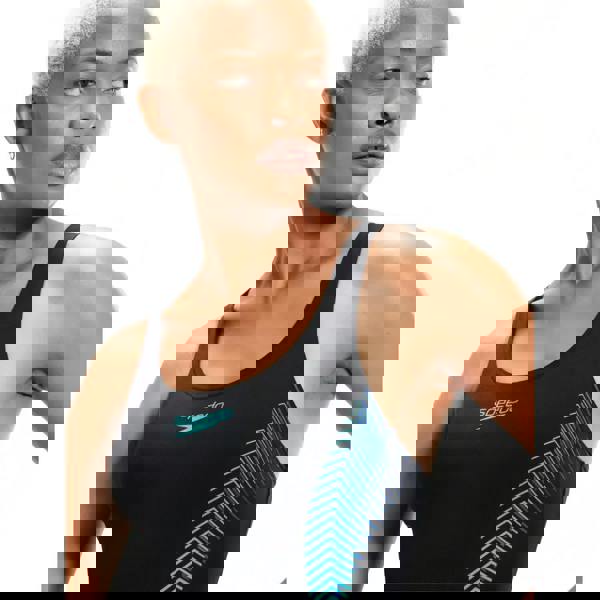 Speedo Placement Muscleback Swimsuit in black with green accents