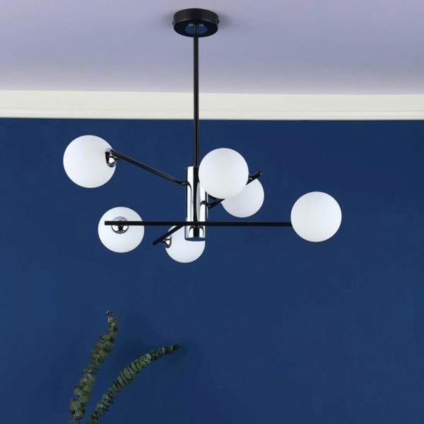Pagazzi Lighting Eaen 6 Light Semi Flush Black Ceiling Light with Opal Glass