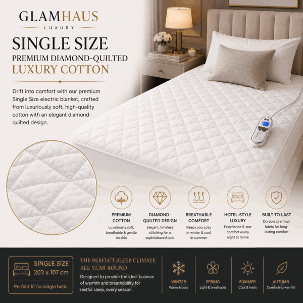 GlamHaus Single Size Electric Blanket - Fitted Mattress Bed Cover - White Diamond Quilted - Settings for Feet and Body, Timer